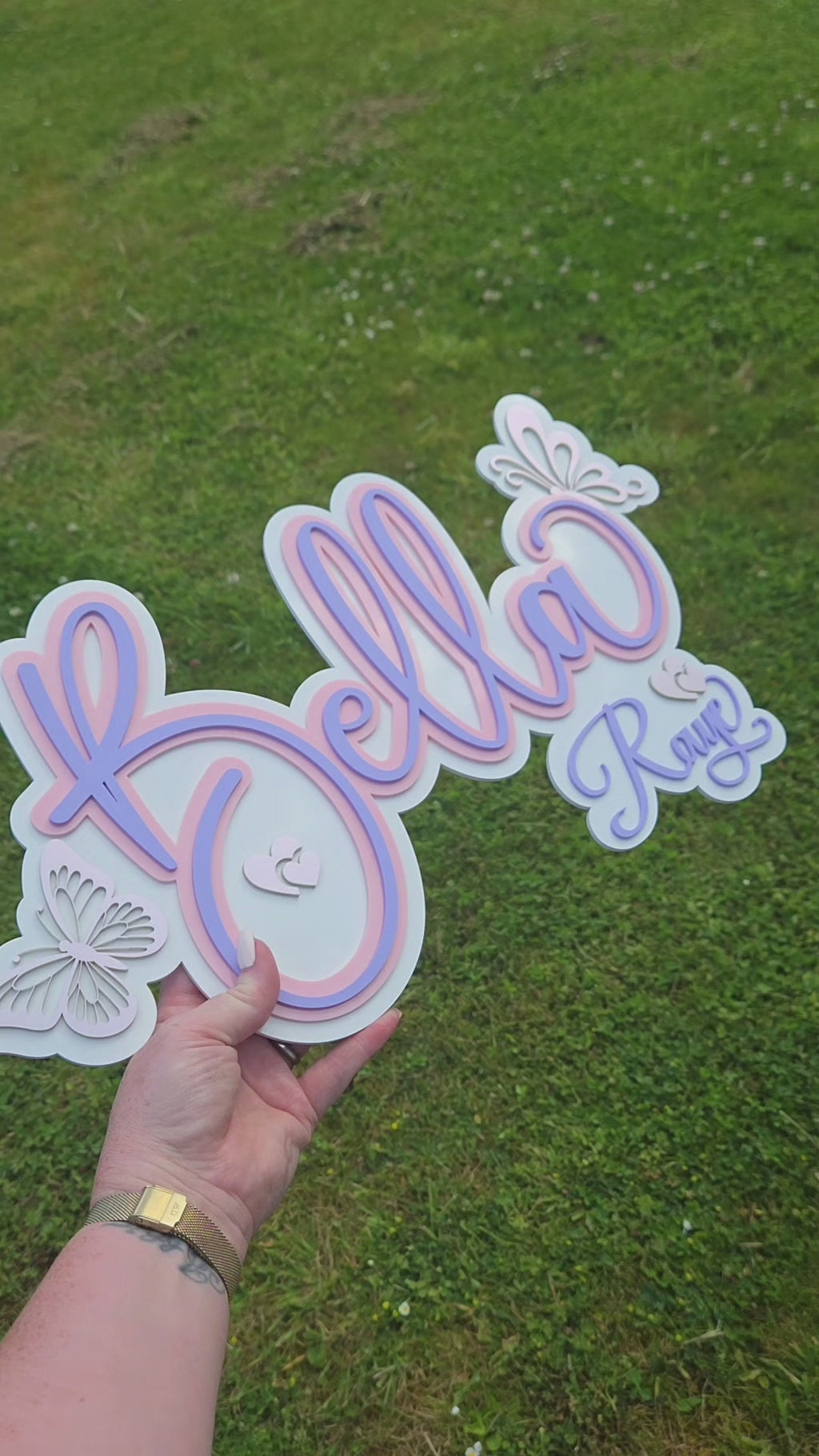 Triple layered butterfly name sign