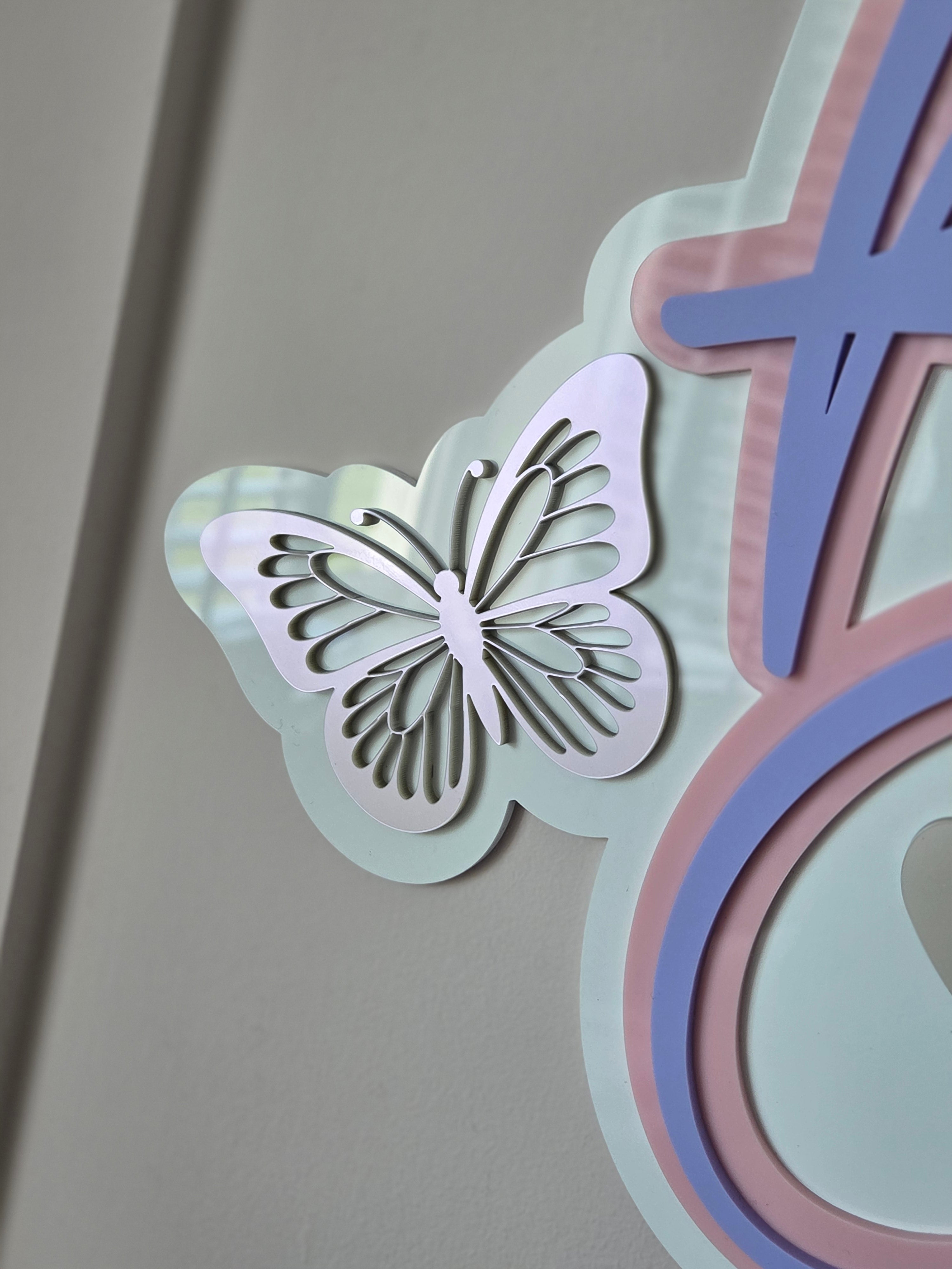 Triple layered butterfly name sign